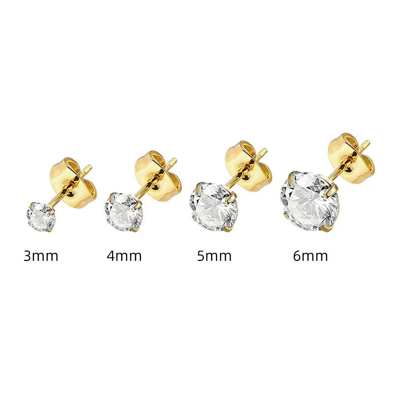 Stainless steel geometric square zircon stud earrings with gold or steel colour finish in sizes from 2mm to 8mm