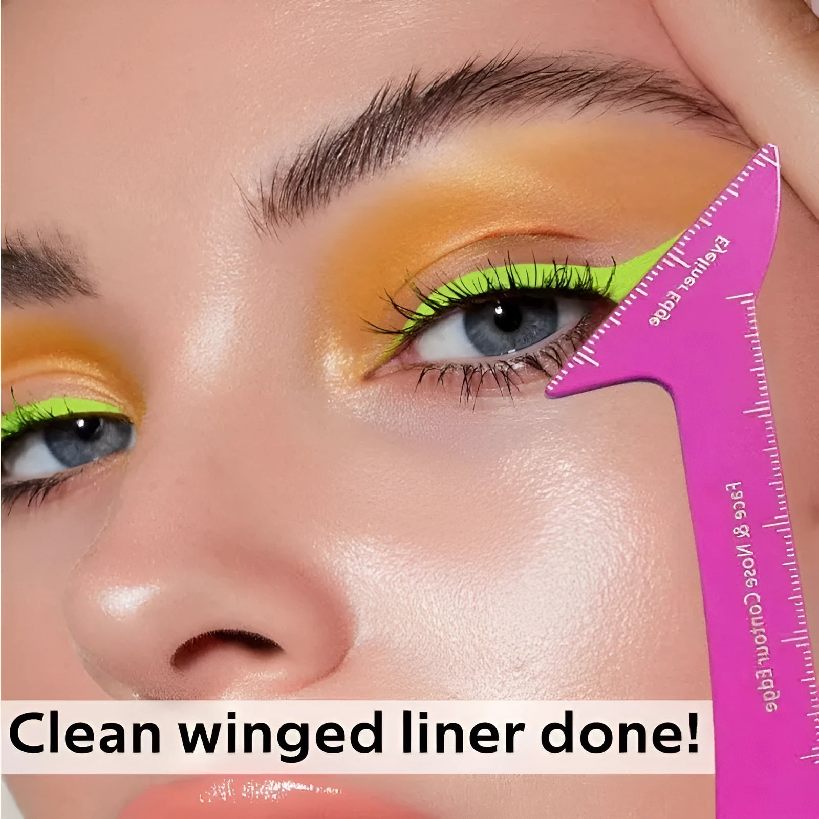 Reusable 3-in-1 eyeliner stencil tool for hooded eyes showing winged eyeliner, eyebrow and contour templates