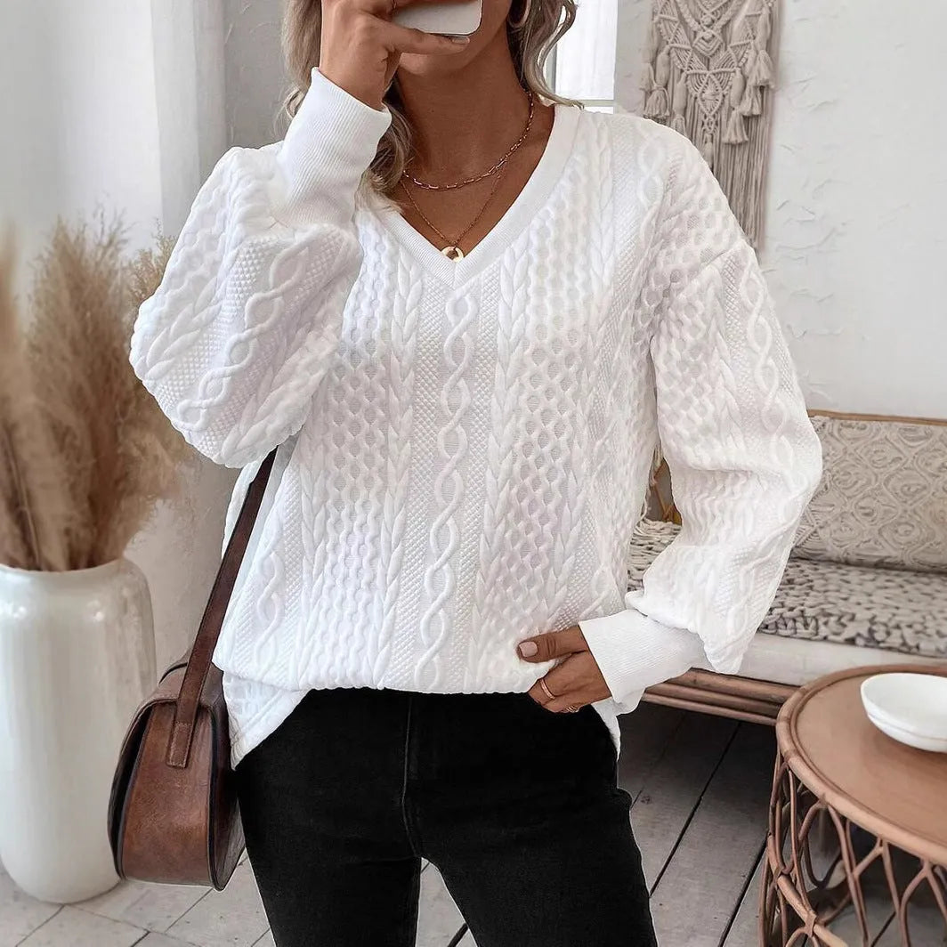Milky white loose long sleeve t-shirt with 3D pattern, Japanese Korean casual style