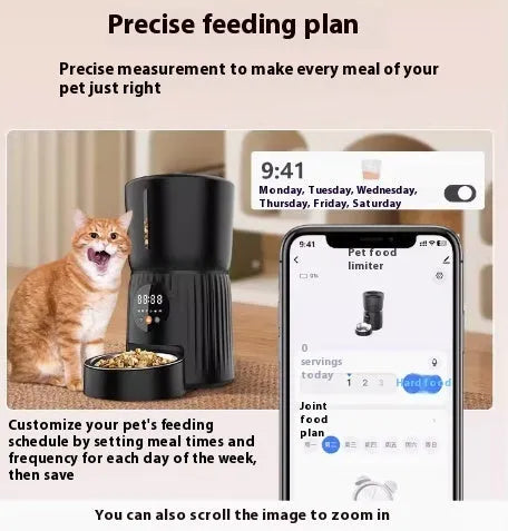 Black and white automatic pet feeder with mobile app remote control and USB power connection