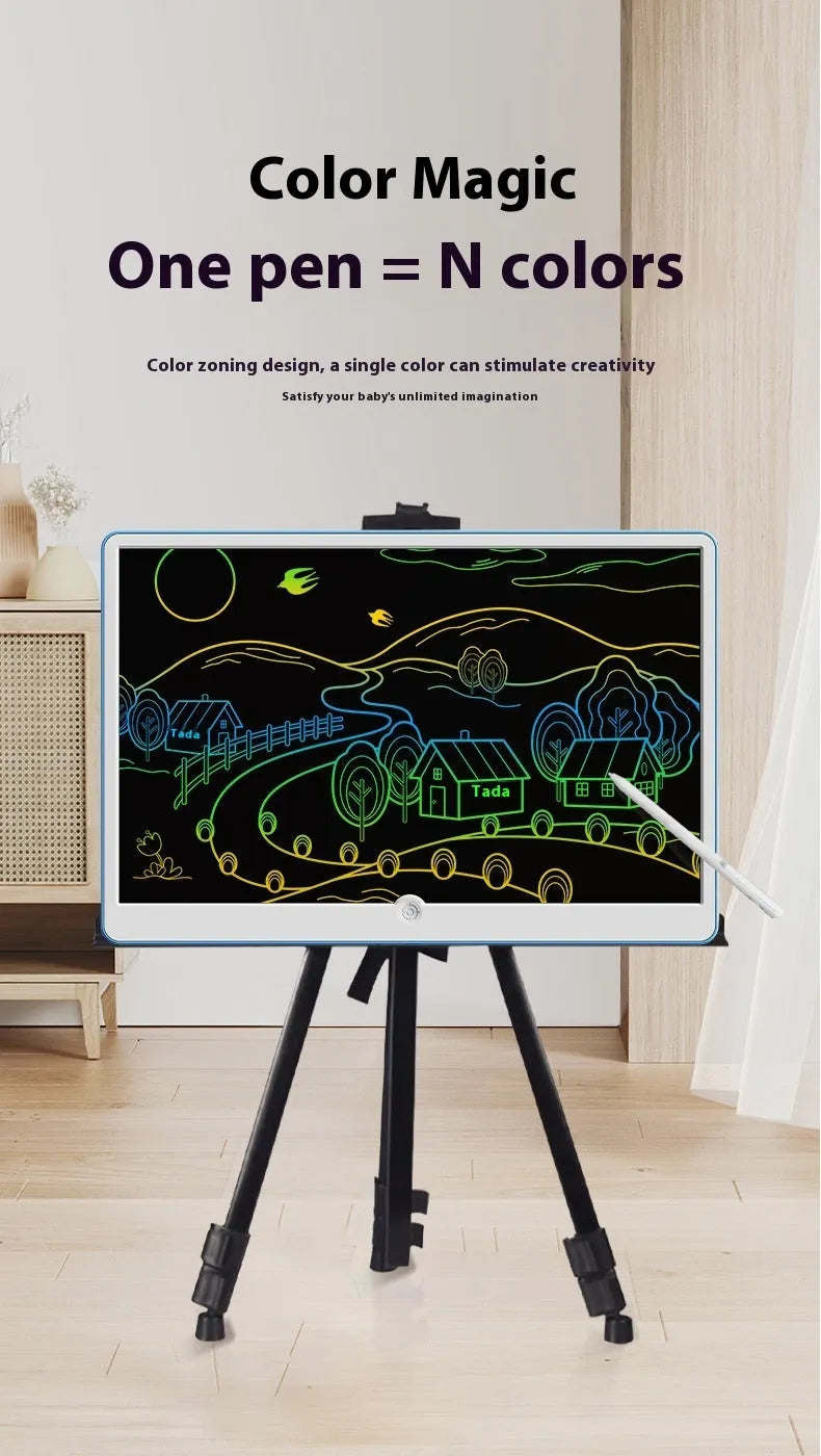 19-inch blue and white LCD children's drawing board with stylus on a pink background.
