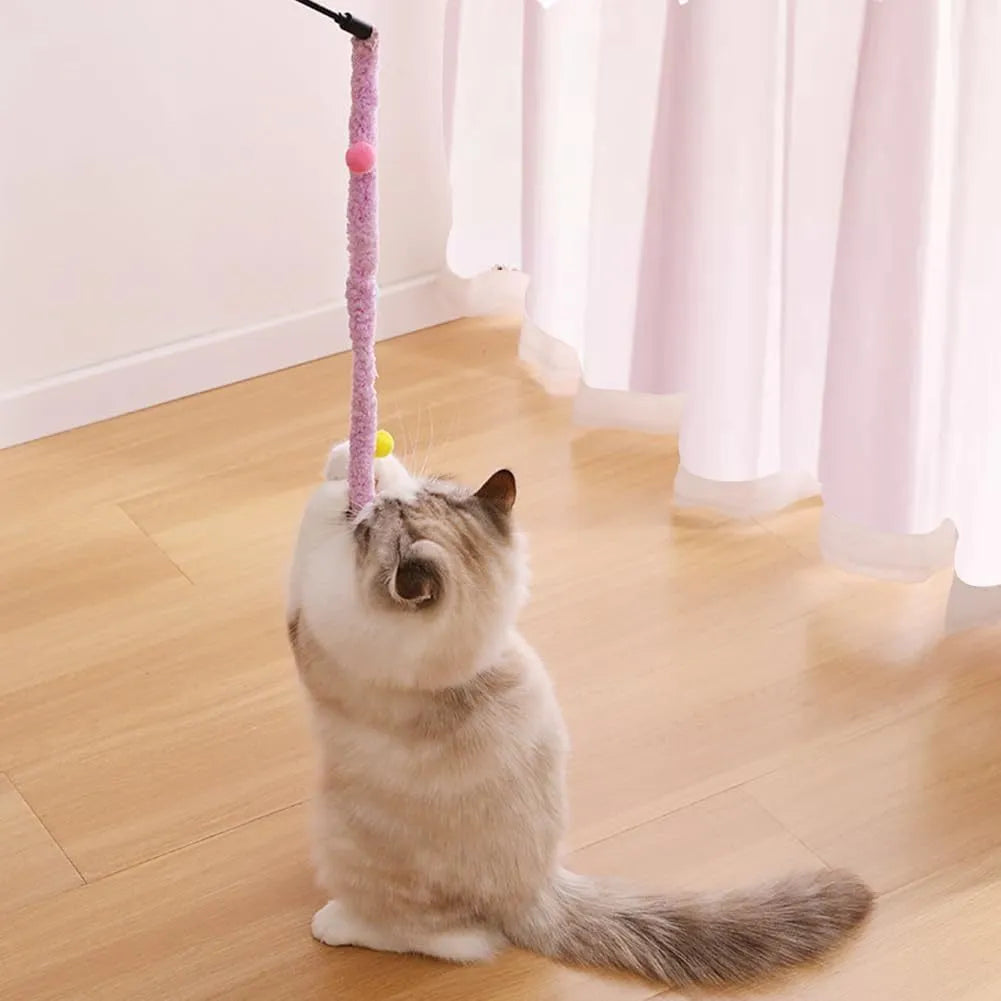 Blue plush strip cat wand toy with colourful fluffy bell attachment on 41cm pole