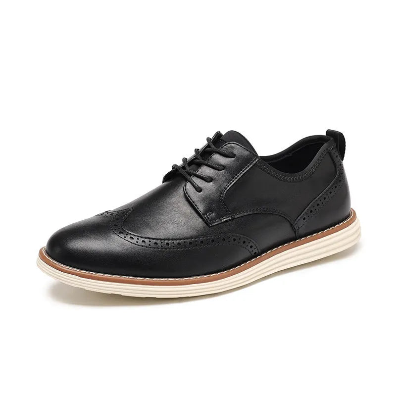 Men's black slip-on casual shoe with round toe and carved TPR sole for business wear.