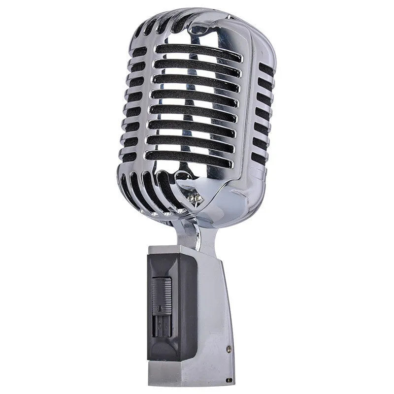 Retro black or silver metal wired microphone with cardioid pickup for stage and home use.