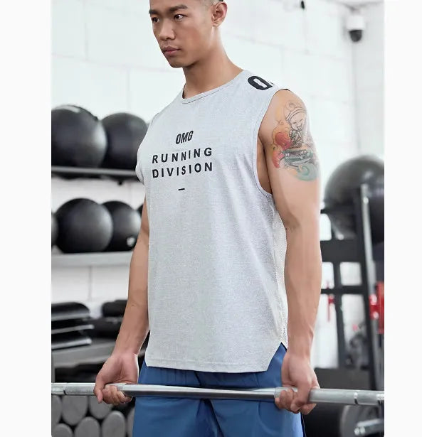 Men's mesh sports vest in black with loose fit design and letter pattern