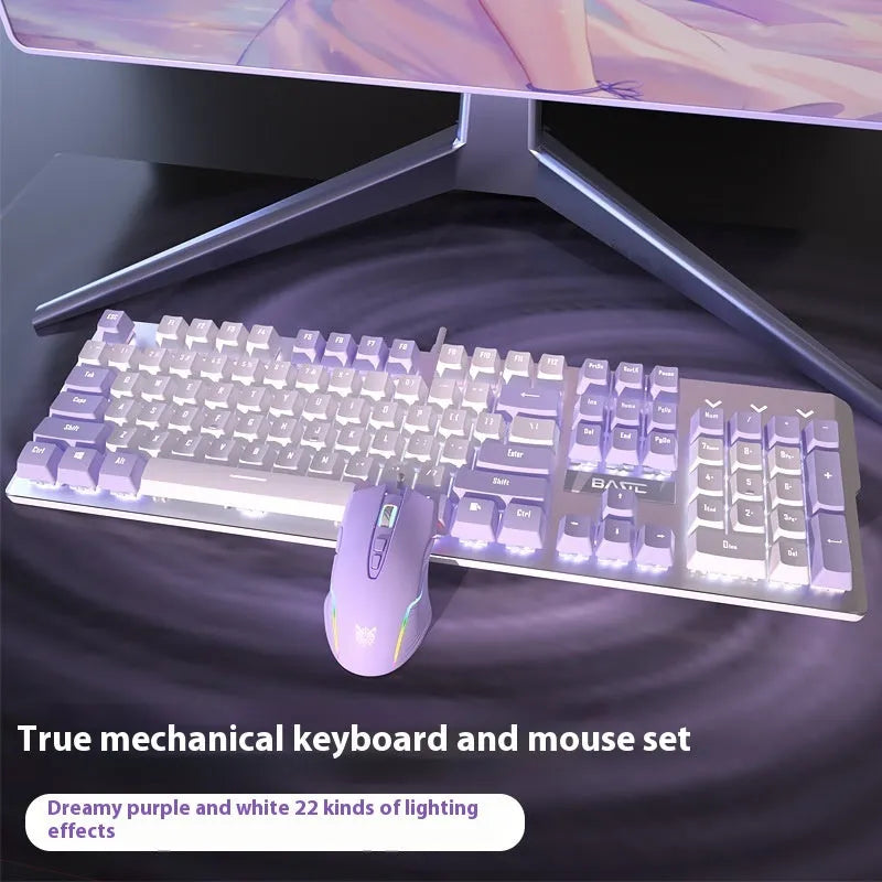 White and purple wired mechanical keyboard and mouse combo set with backlight on a desk.