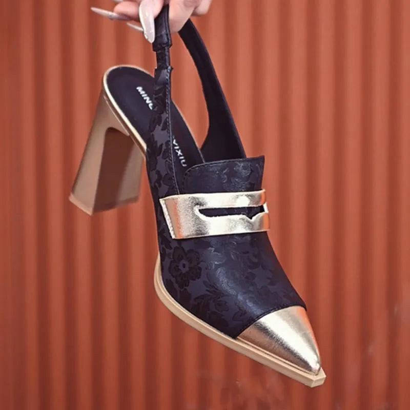 Korean style women's pointed-toe sandals with chunky heel and elastic ankle strap in black, champagne, or green