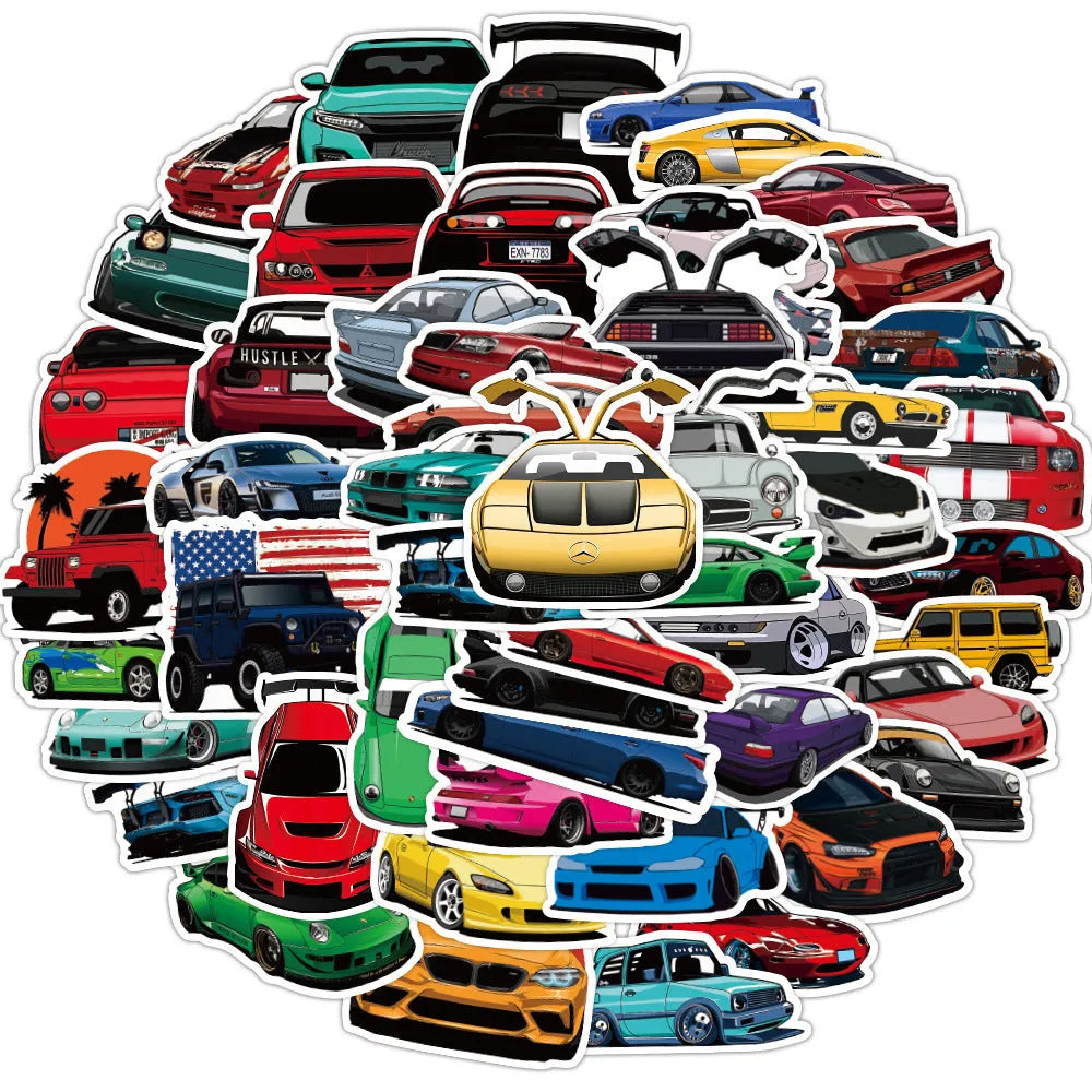50 modified racing car graffiti stickers with strawberry cow pattern for luggage and laptop decoration