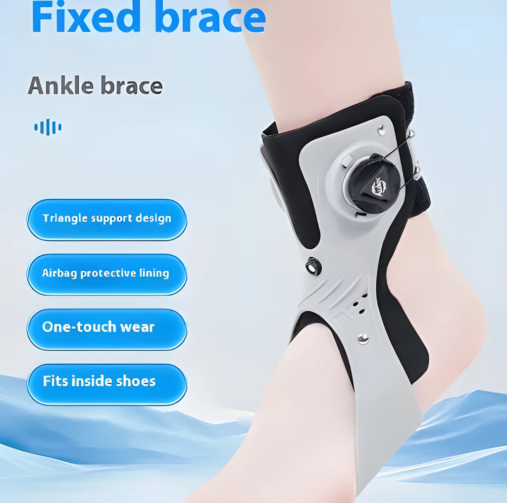 Airbag button ankle support brace in grey colour showing adjustable straps and cushioning
