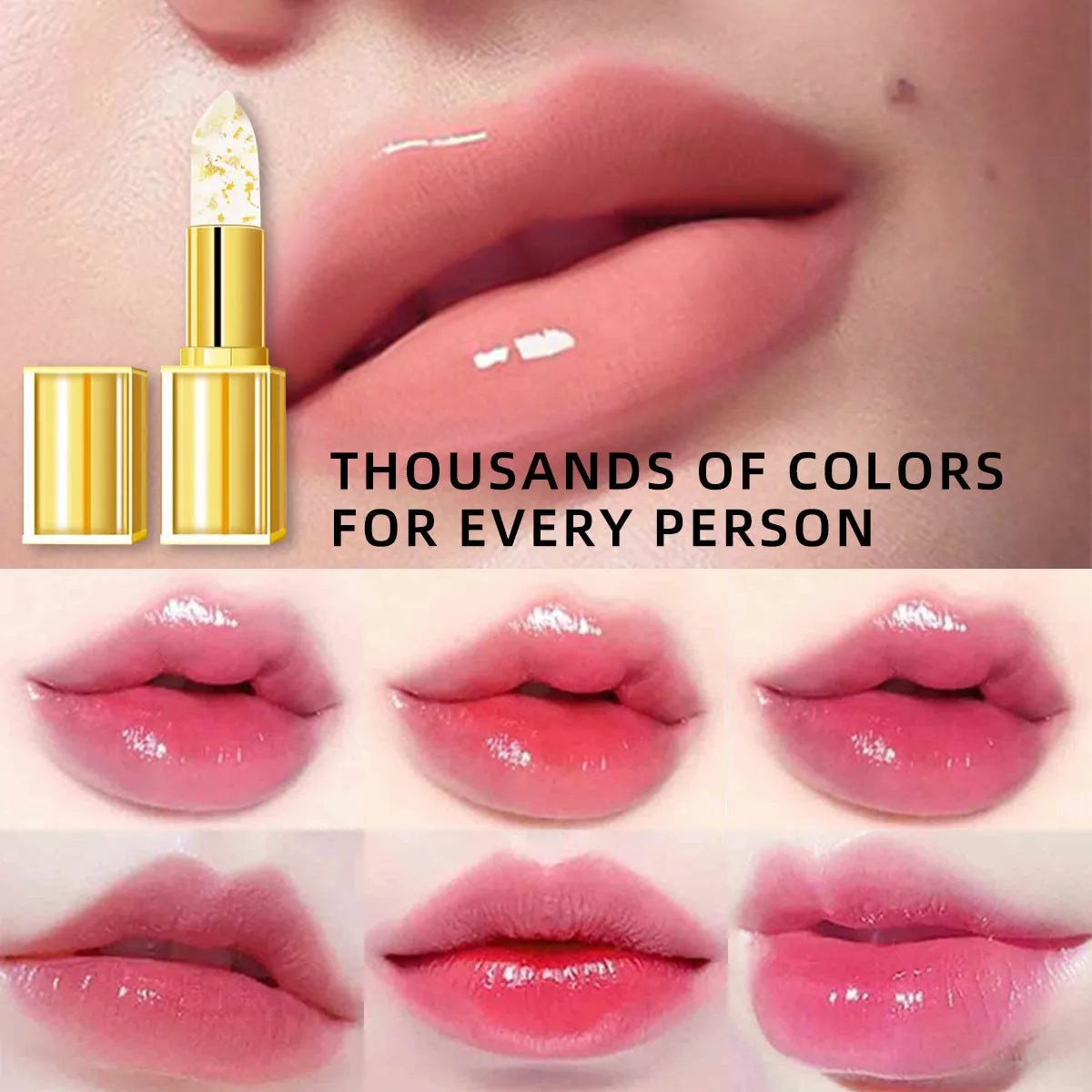 Tube of gilding warm colour-changing anti-smudge lipstick on a peach background.