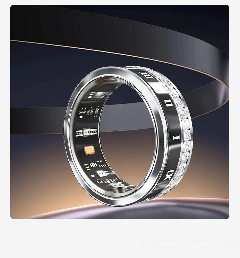 Diamond-inlaid smart ring with blood oxygen monitoring in gold and silver colour options