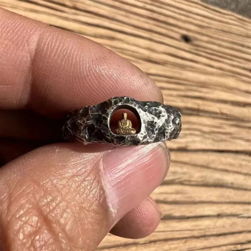 Hand-forged copper Grotto Buddha ring with rock texture finish, size UK 8.