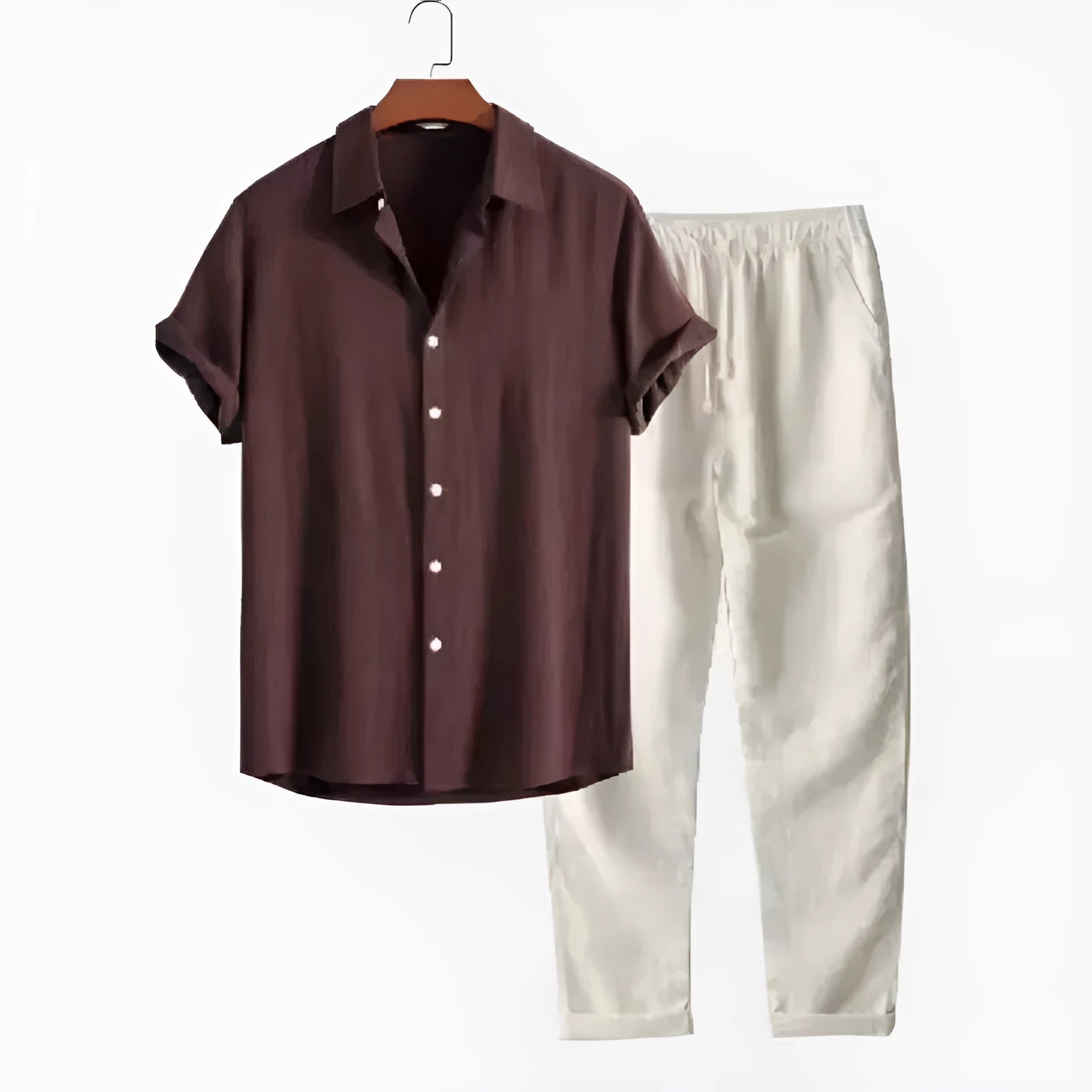 Men's light coloured linen-look casual short sleeve shirt and trouser two-piece suit set on a hanger.