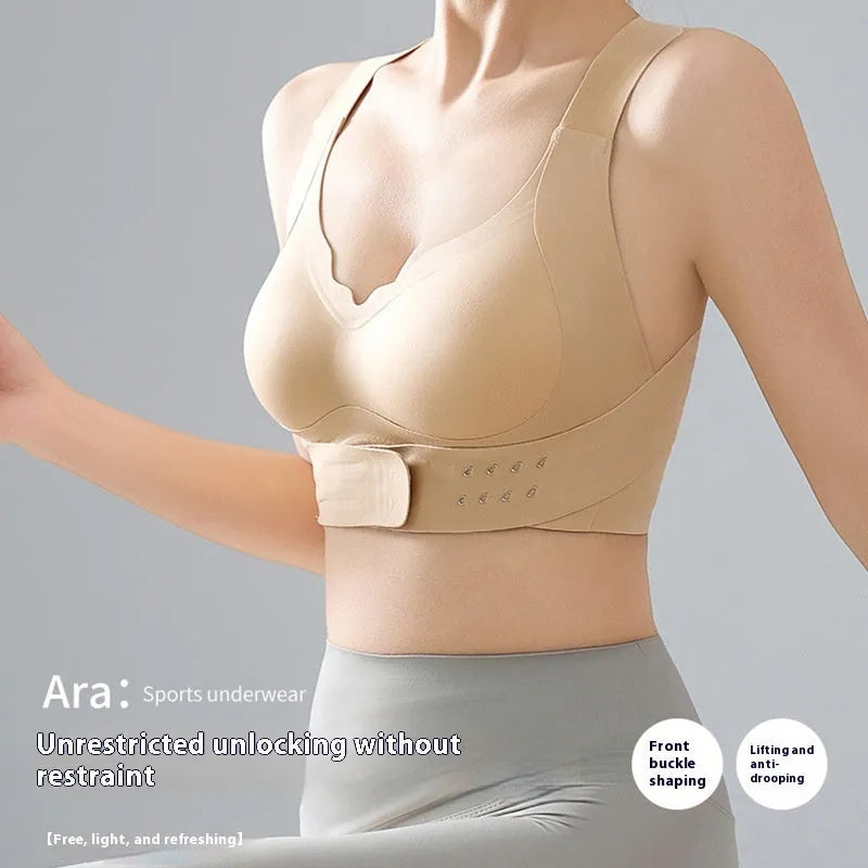 Women's cross exercise yoga bra with front buckle closure and shaping back in three colour options