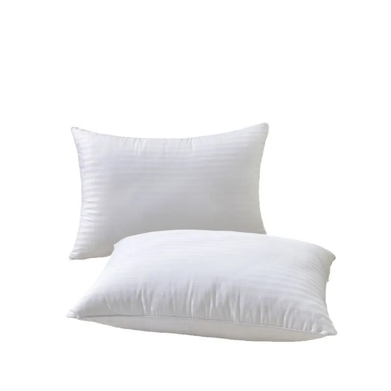 White cotton satin stripe pillow with feather cotton filling, shown in low, medium, and high loft versions.