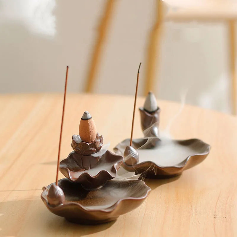 Purple clay ceramic incense burner with reverse flow design and crystal glaze decorations