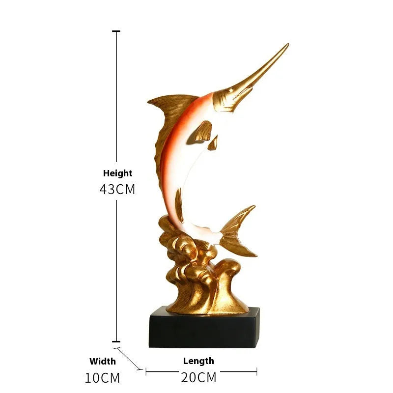 European stylised swordfish resin and plastic decorative ornament on a shelf.