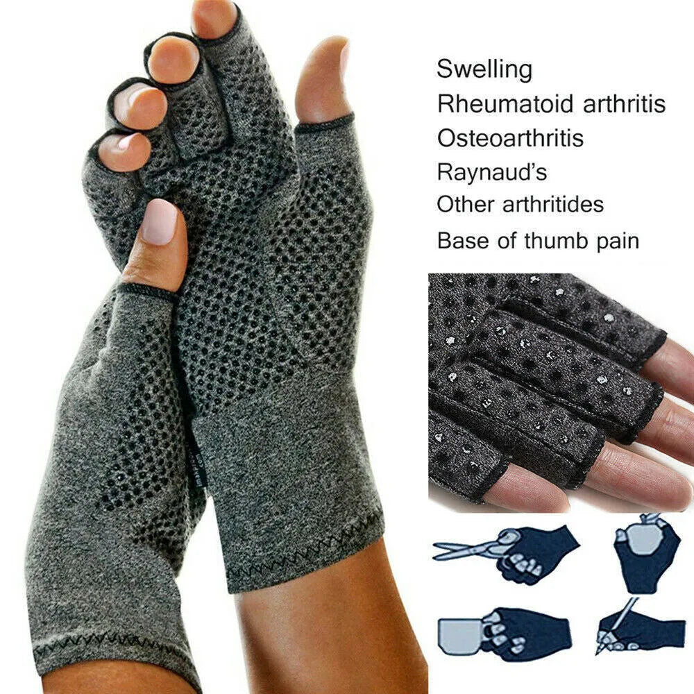 Grey half-finger joint compression gloves made from polyester trueran spandex fabric