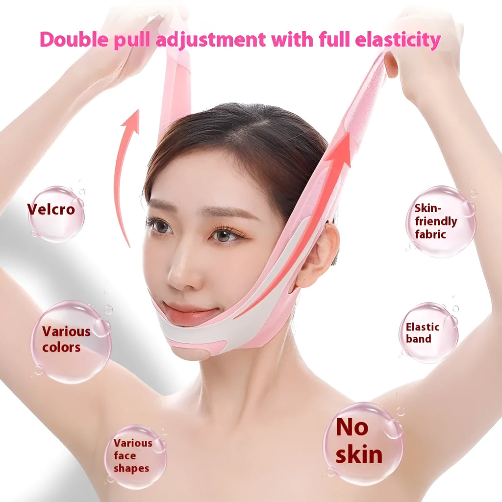 Pink and black elastic V-shaped face bandage for facial contouring, shown with full English box packaging.