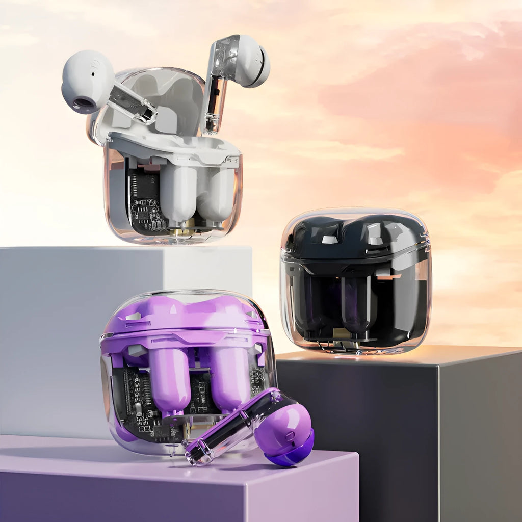 Transparent cabinet wireless Bluetooth gaming headset with black, white, and purple colour options