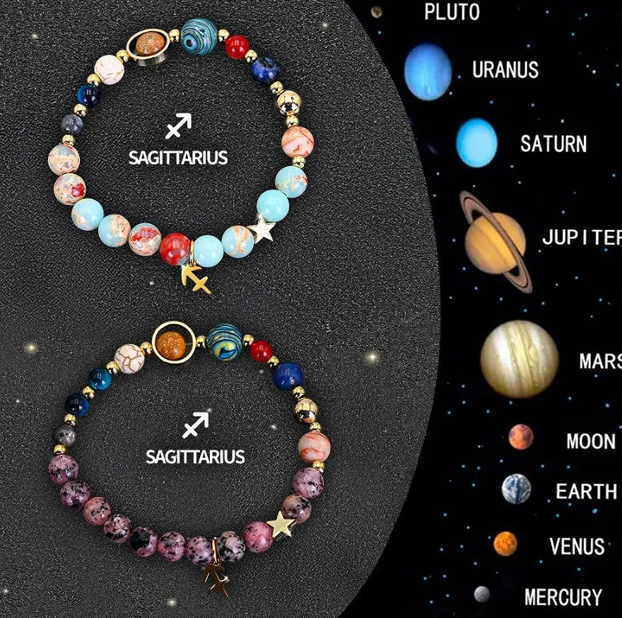 Twelve zodiac sign natural stone bead bracelets with astrology charms
