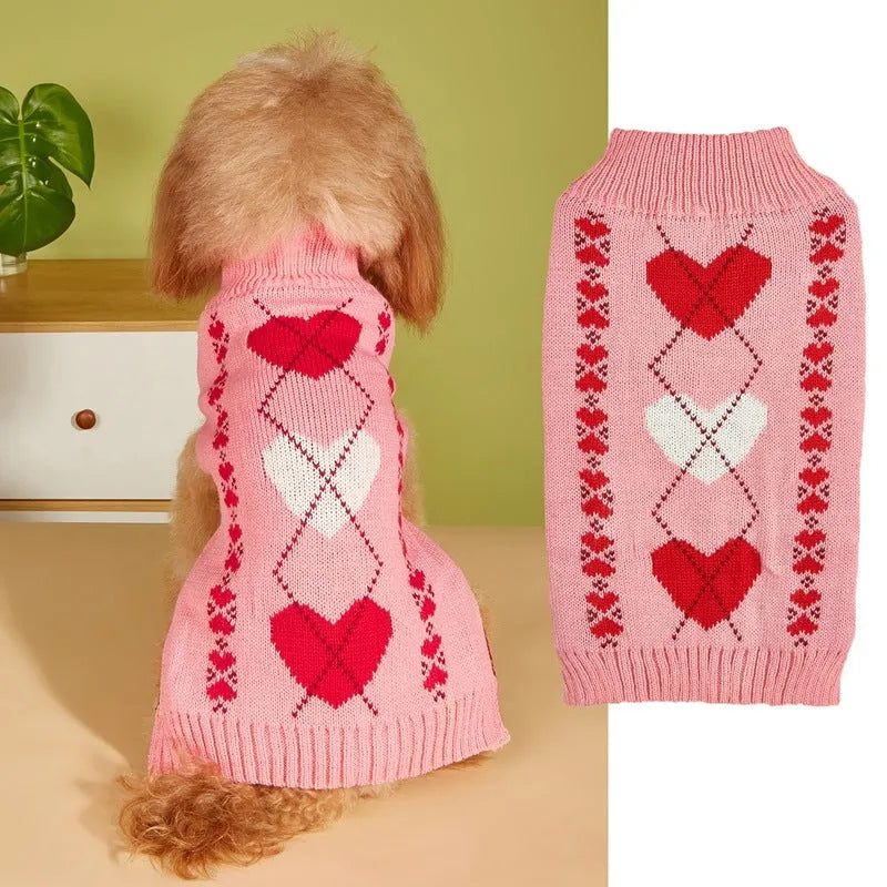 Acrylic knit dog sweater with bow and heart design in various colour patterns