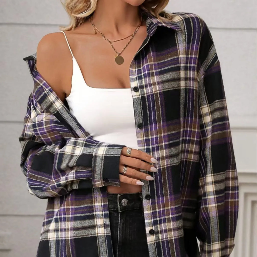 Women's loose retro plaid shirt in 100% cotton available in black, green, and purple colours