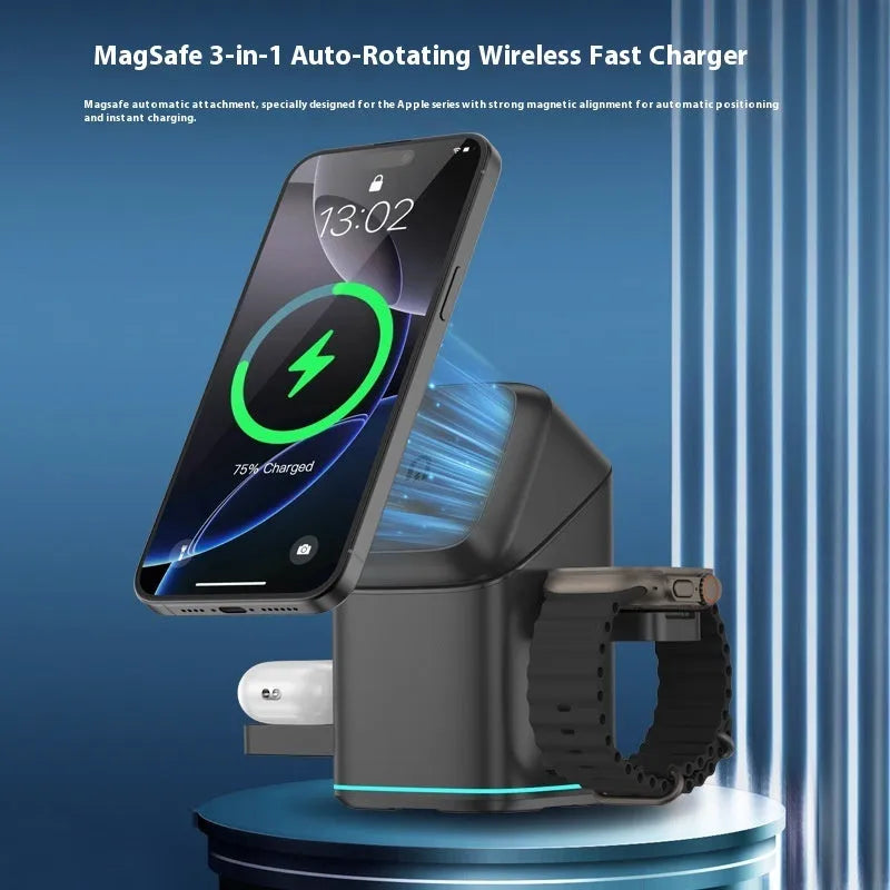 Black magnetic wireless charging stand for mobile phones showing 180-degree rotation capability