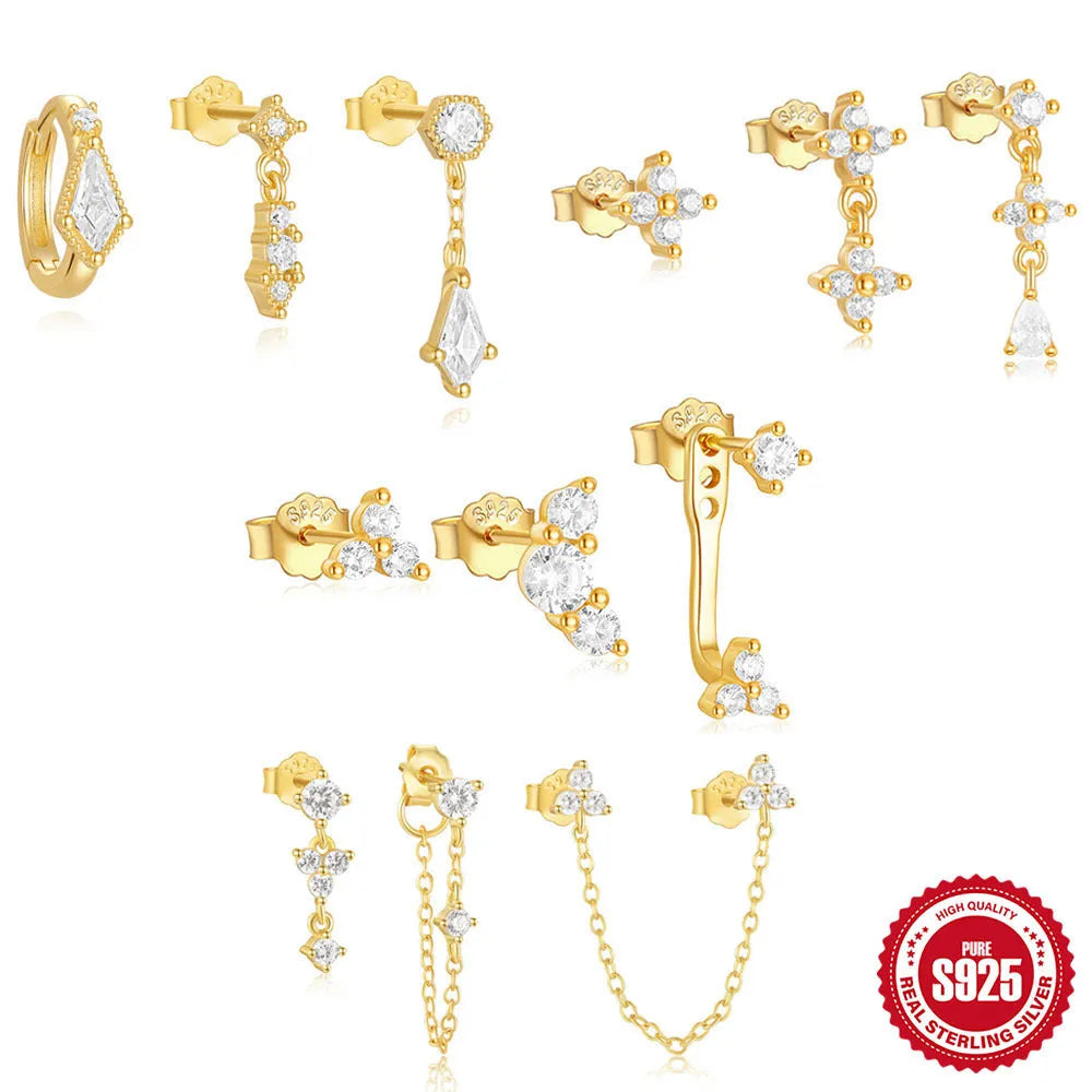 Three pairs of geometric zircon stud earrings in gold tones made from S925 sterling silver