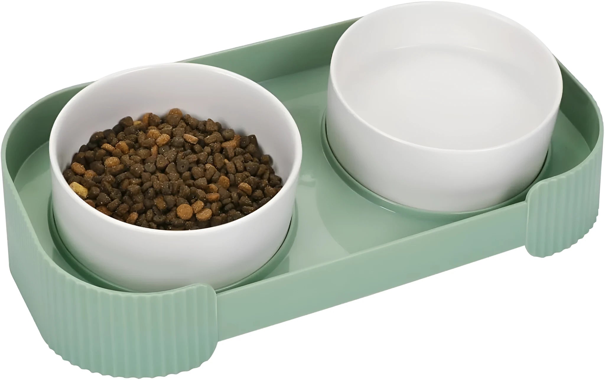 Green ceramic raised pet feeder with two tilted bowls on a non-slip stand