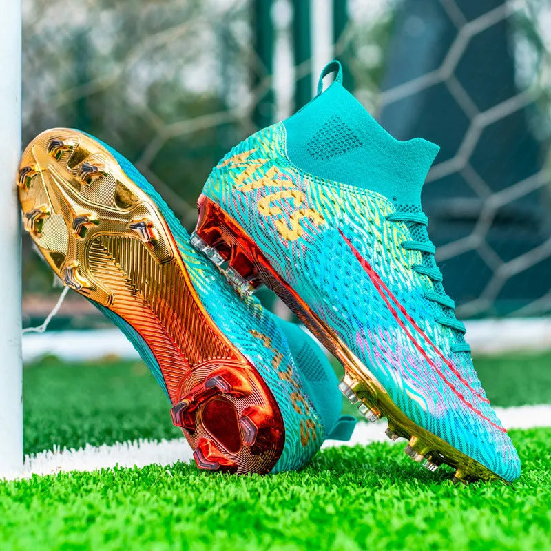 Men's outdoor high-top soccer shoes in green with synthetic leather upper and rubber sole