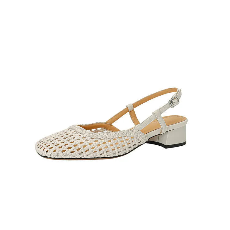 Women's woven hollow-out closed toe sandals with chunky heel and buckle fastening in black and beige colours