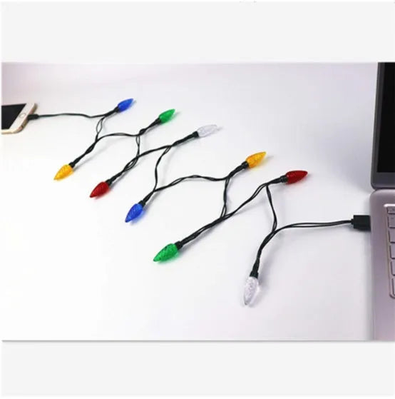 Green USB charging cable with 10 integrated LED Christmas lights flashing, compatible with iOS and Android devices