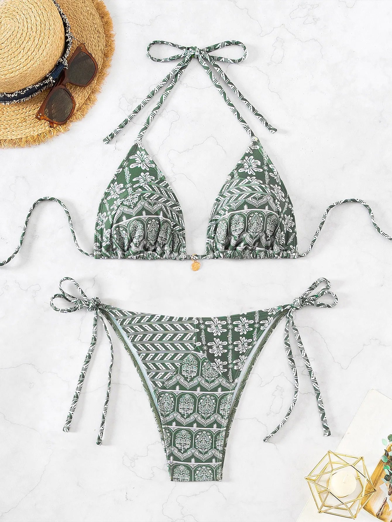 Women's split bikini swimsuit with bandage style and contrast stitching in polyester fabric