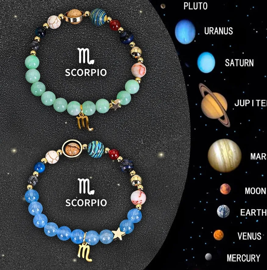 Two natural stone beaded bracelets showing zodiac symbols for all twelve astrology signs