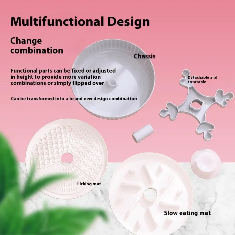 Grey plastic pet bowl with rotating windmill-pattern slow feeder licking mat inside