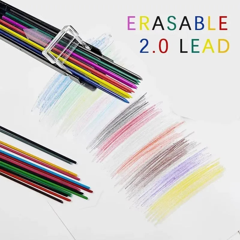 Boxed set of twelve 0.5mm HB mechanical pencil refills with erasers in rainbow colours