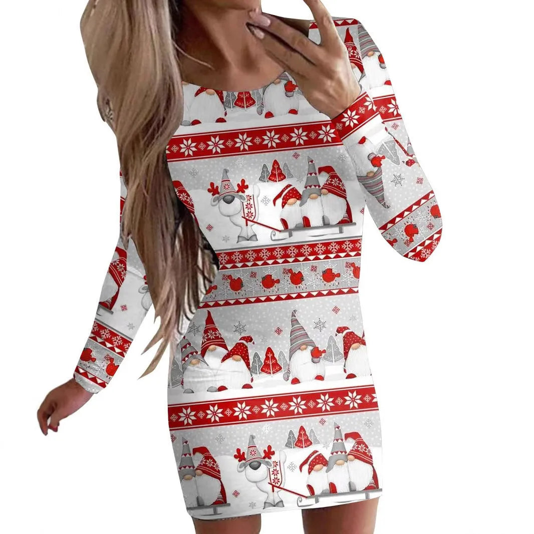 Christmas animal print narrow dress with hip skirt and long sleeves in floral colour options