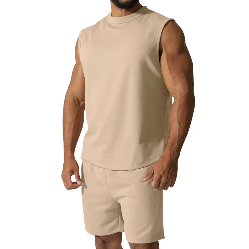 Men's sleeveless sports suit set in cotton blend with matching shorts in solid colour options