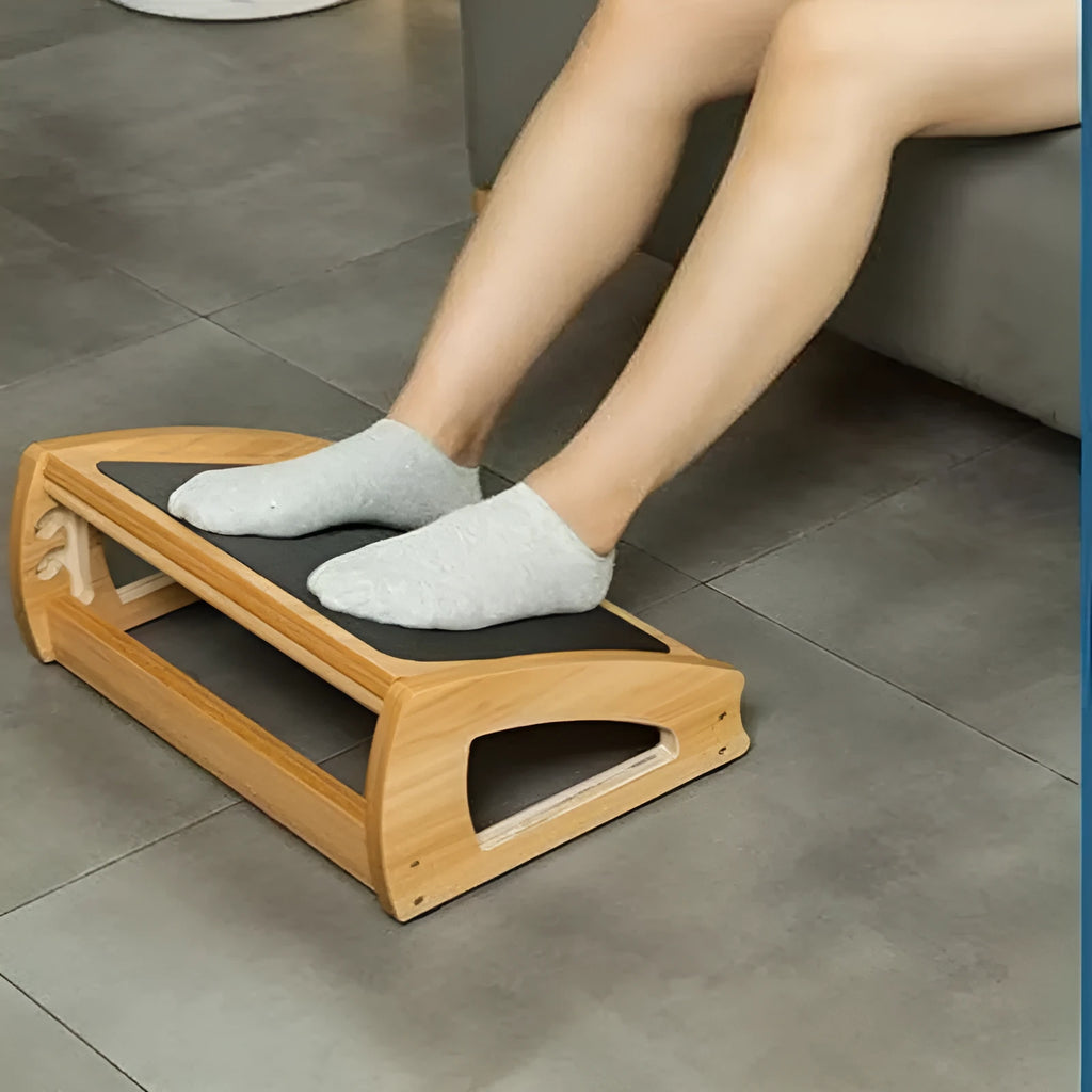 Wooden adjustable bamboo office desk footstool in natural wood colour