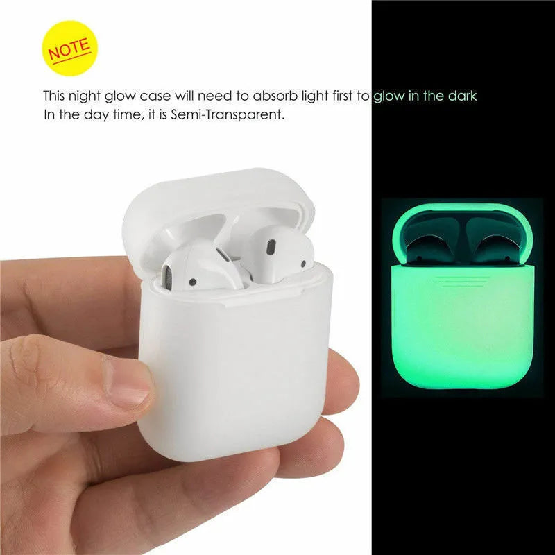 Luminous silicone protective case for Apple AirPods with flip-top design glowing in dark