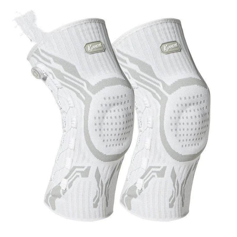 Grey and white professional sports kneecap for left foot, designed for basketball, running, and football.
