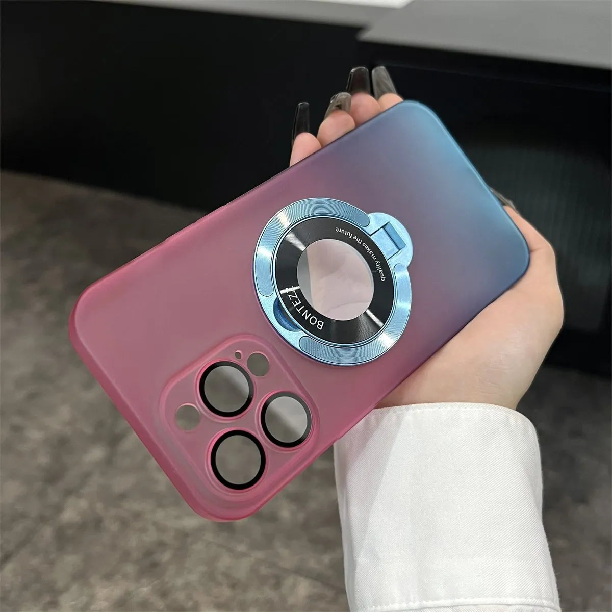 Frosted PC magnetic bracket phone case for iPhone 15 with large window protective cover in gradient blue