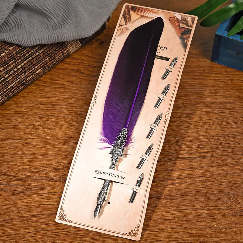 European retro vintage feather pen with zinc alloy shell in various colours measuring 30x13x4 cm