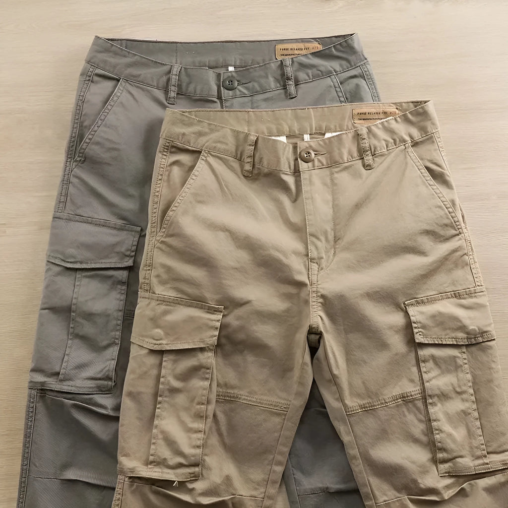 Men's solid colour cotton labour protection trousers with multiple pockets, shown in khaki.