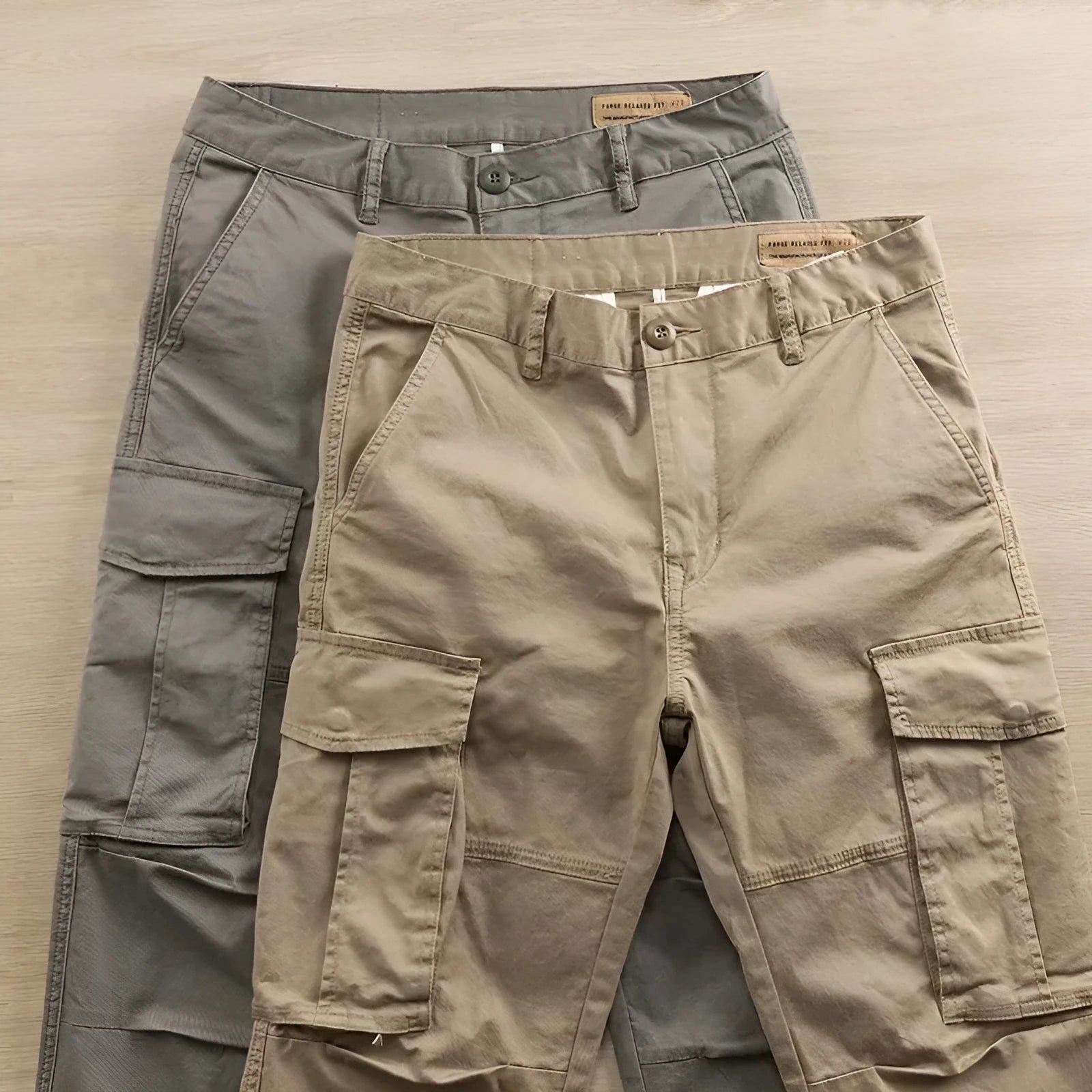Men's solid colour cotton labour protection trousers with multiple pockets, shown in khaki.