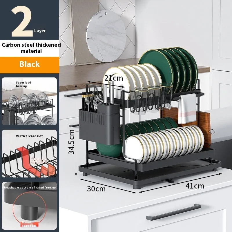 White carbon steel kitchen storage rack with removable draining tray and double-layer design
