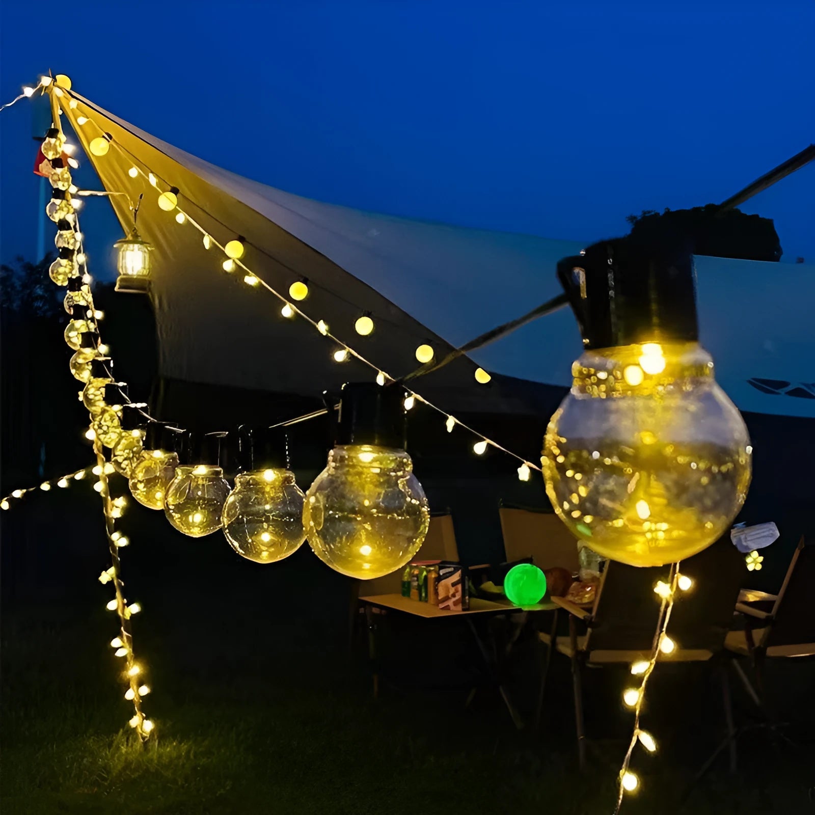 Solar-powered retro decorative string lights for festival tents with black wiring and LED lamps