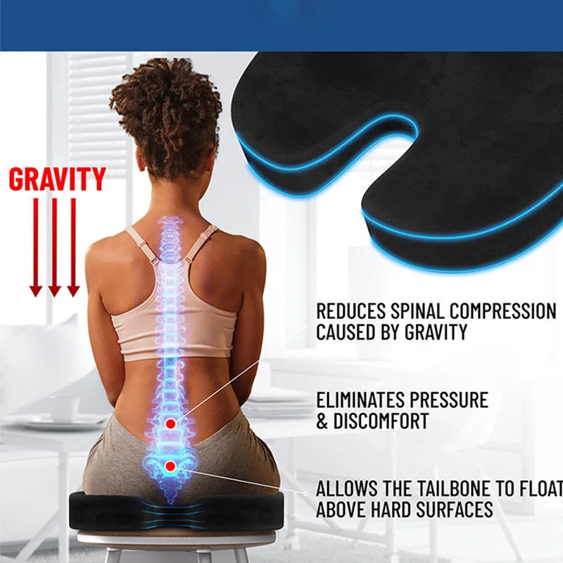 Black U-shaped memory foam office seat cushion for hip support