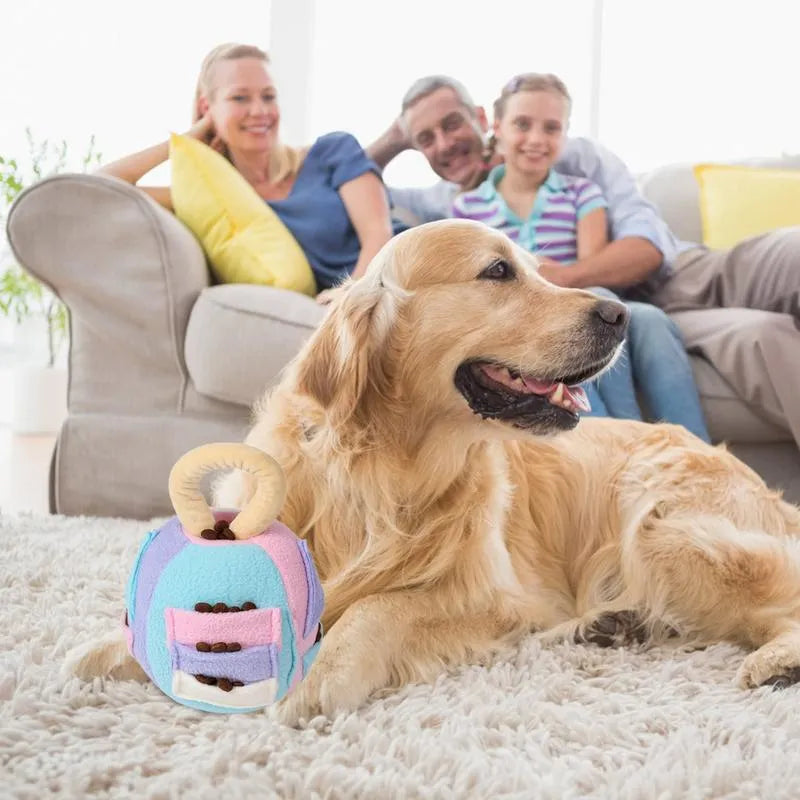 Polyester plush squeaky dog ball toy with treat pockets in pink or green colour for small medium dogs